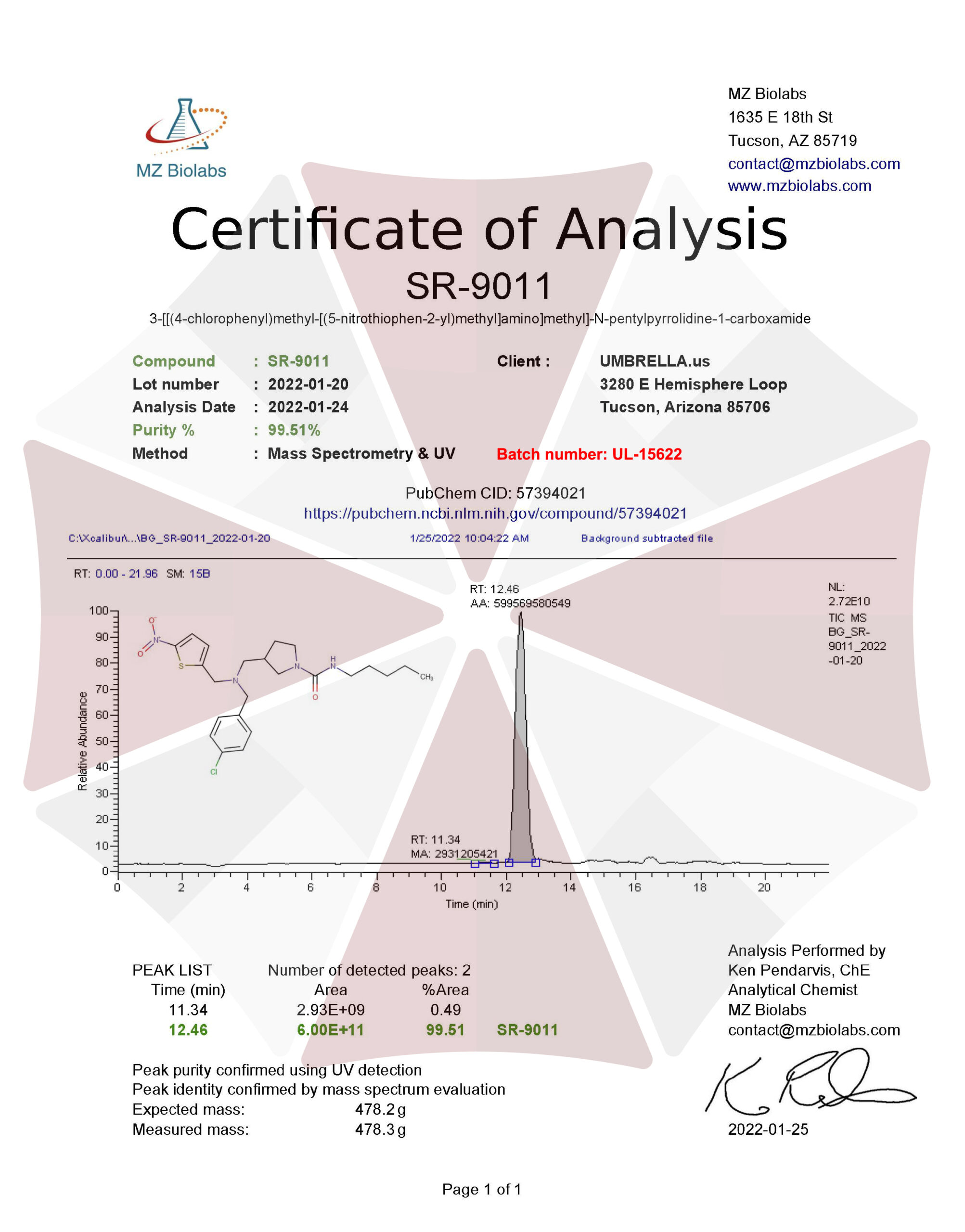 SR-9011 Certification of Authenticity COA