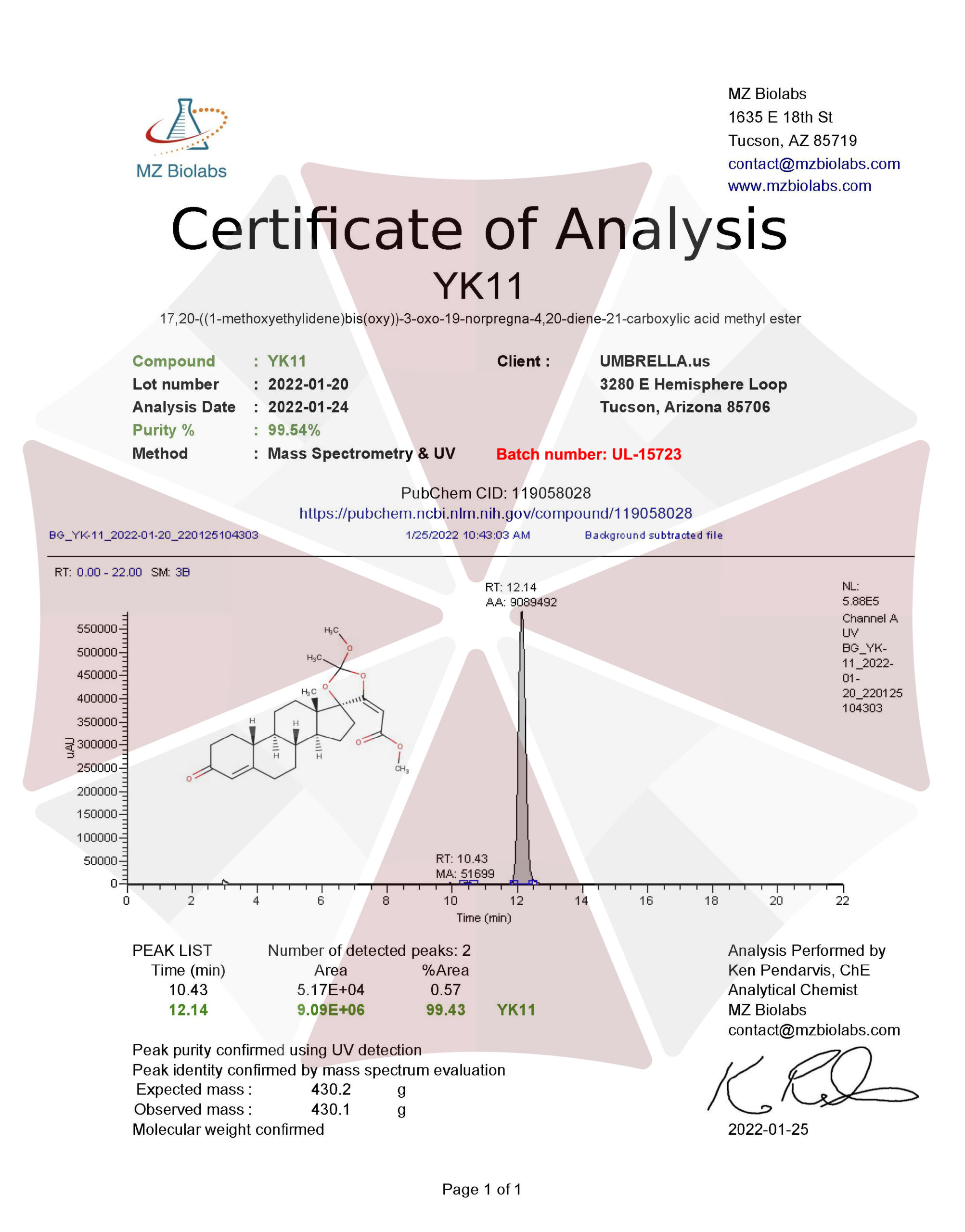 YK-11 Certification of Authenticity COA