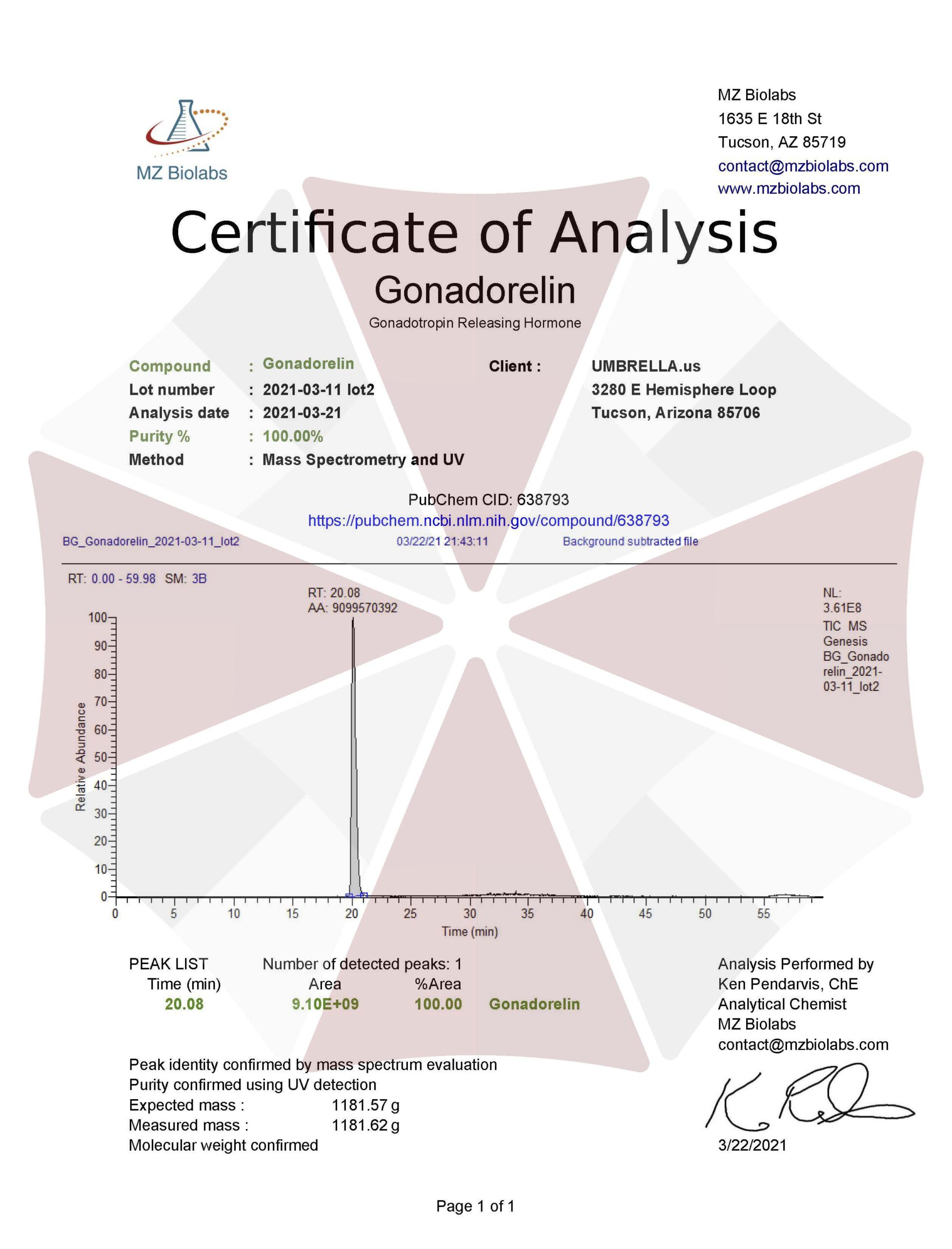 Pure Peptide Gonadorelin Certificate of Authenticity COA