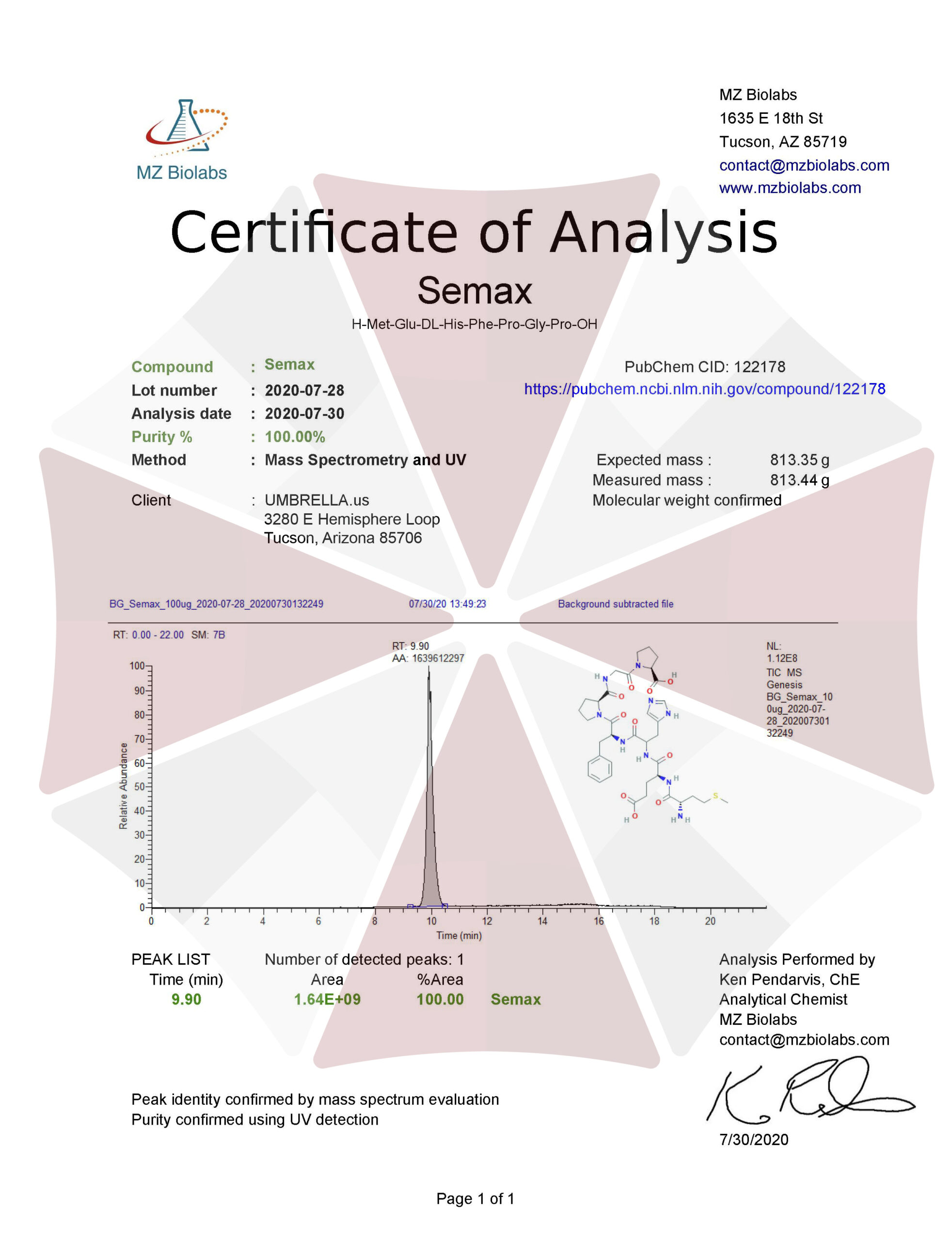 Pure Semax Peptide For Sale Certificate of Authenticity COA