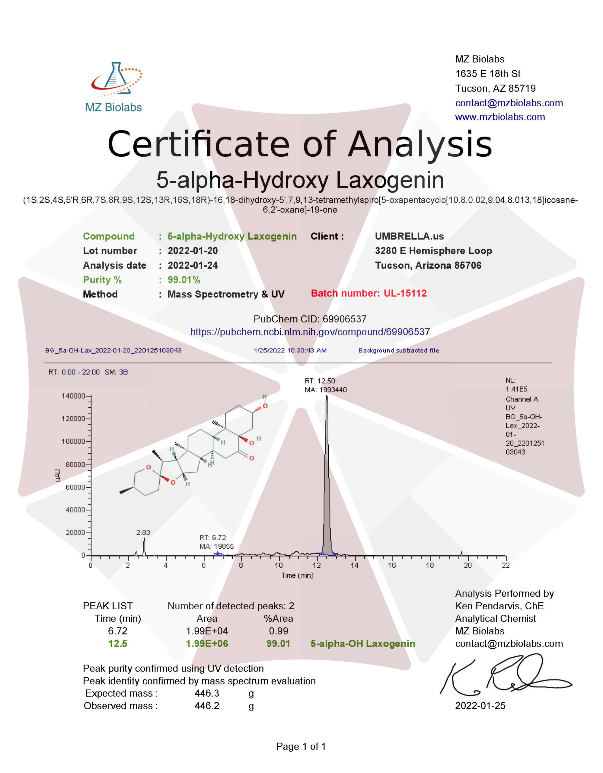 5-Alpha Hydroxy Laxogenin Certification of Authenticity COA